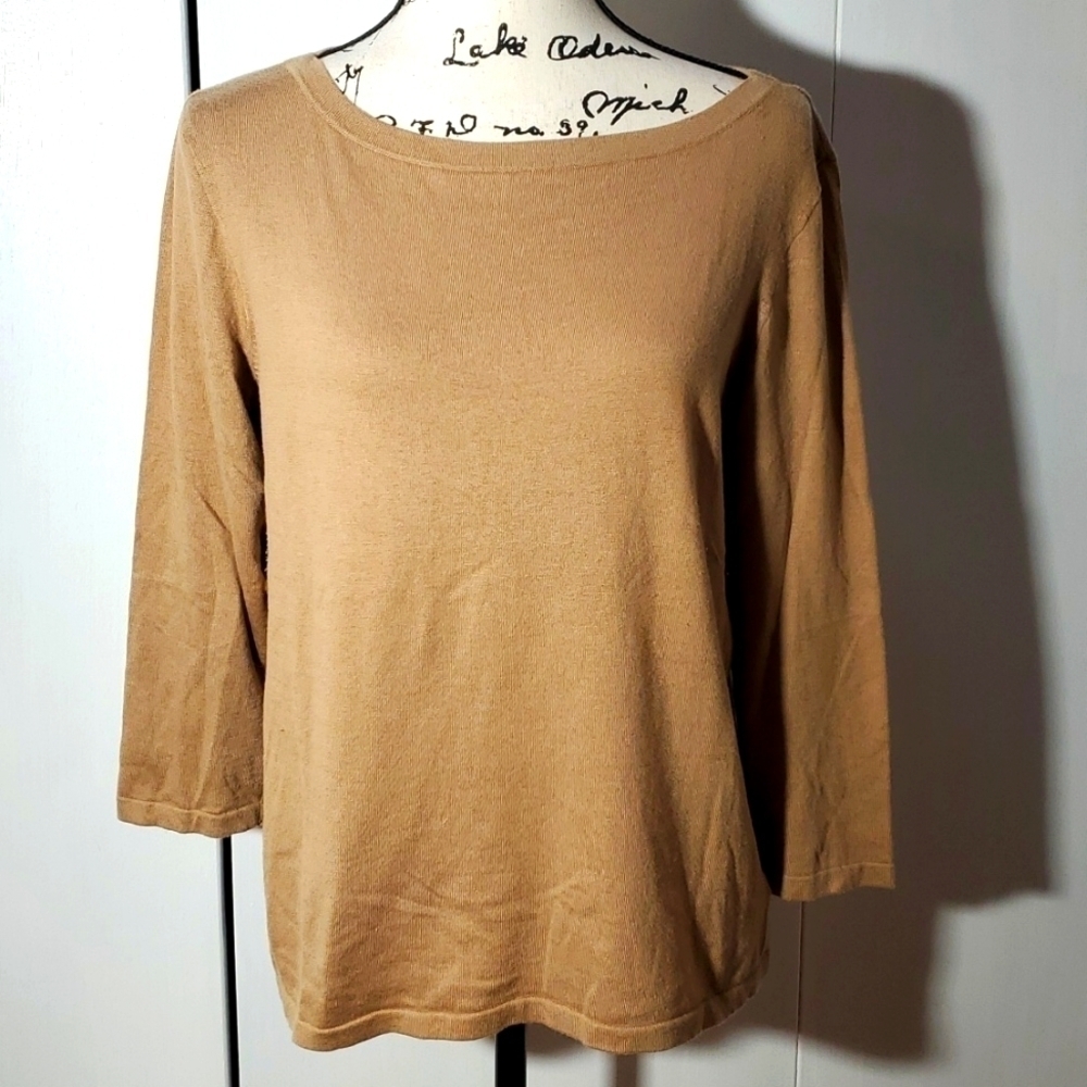 Lauren Ralph Lauren- Womens Tan Top 3/4 Sleeve Silk Minimalist Sz.XL